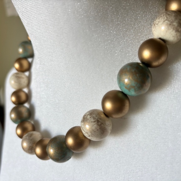 Chunky Wooden Bead Necklace with Gold and Turquoise Accents - Picture 3 of 8